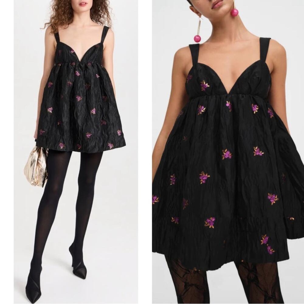 FOR LOVE & LEMONS Sachi Floral Embroidered Jacquard Black Mini Dress Size Small
